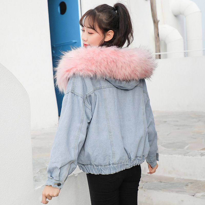 Vêtements pour femmes, hauts en jean à col en fourrure épaisse, vestes courtes amples en coton pelucheux pour femmes_voghion.com