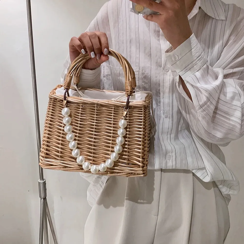 Damen Stroh und Handtaschen Sommer Rattan Handgemachte Tragetaschen Damen Bänder Sommer Strandkorb Perlen Reisetasche_voghion.com