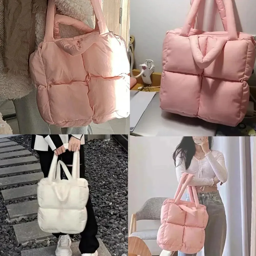 Borsa a tracolla grande capacità imbottita in nylon trapuntato, borsa a mano in piuma, borsa per la spesa in cotone morbido e imbottito 240912_voghion.com