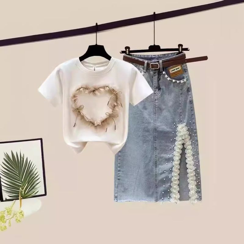 Women's Fashion Short-sleeved Top Split Denim Skirt Two-piece Set_voghion.com