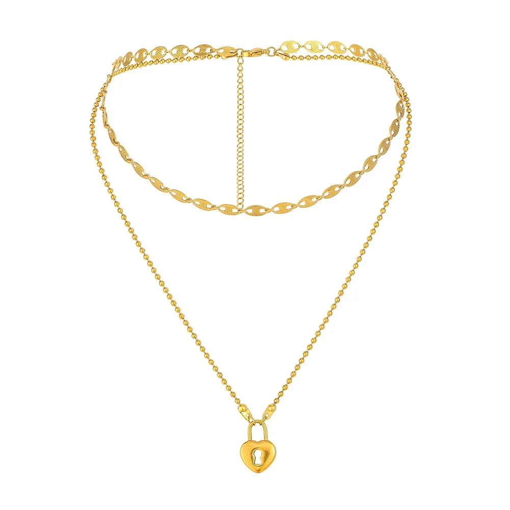 Collane con ciondolo ModaAcciaio inossidabile Collana a forma di cuore con lucchetto per donna Catena d'amore Oro Doppio girocollo Gioielli impermeabili_voghion.com