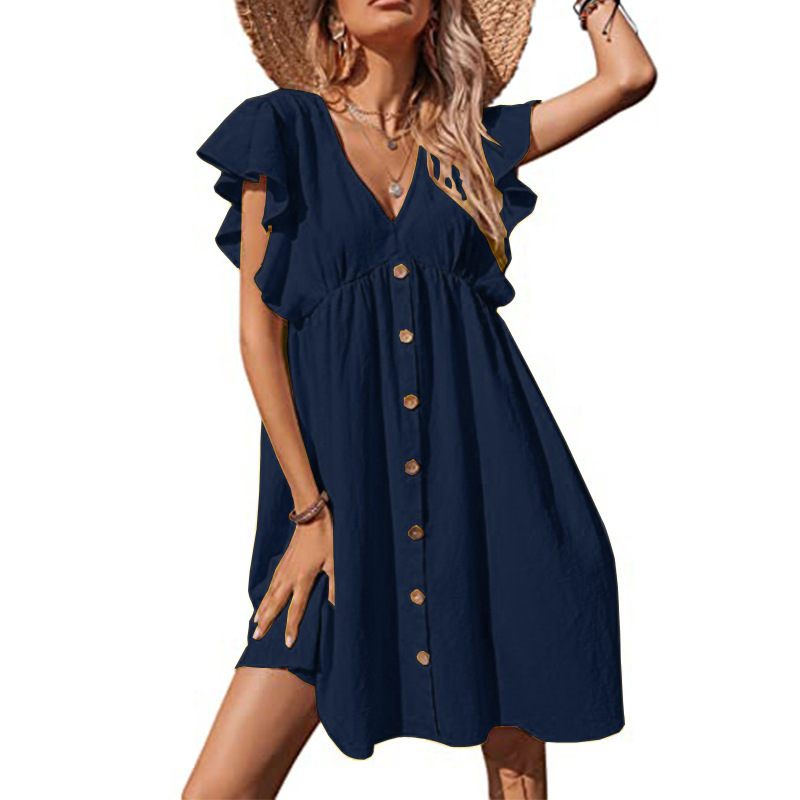 Abito da donna di media lunghezza con scollo a V pieghettato casual con bottoni alla moda_voghion.com