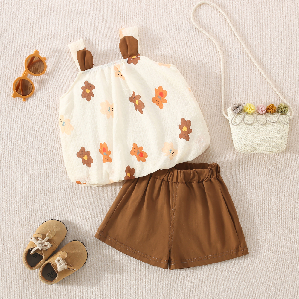 Set de haine de vară din bumbac pentru bebeluși, ursuleț de pluș drăguț, imprimat, top cu snap + pantaloni scurți confortabili de culoare solidă_voghion.com