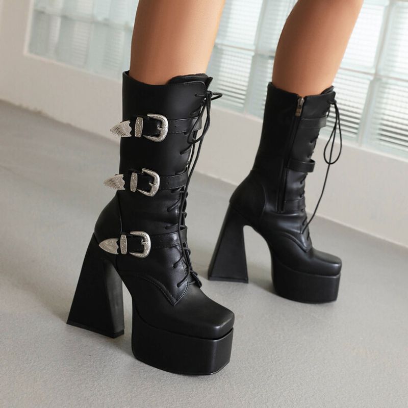 Damenstiefel mit hohen Absätzen und mittelhohen Absätzen im Punk-Street-Stil mit quadratischen Metallverschlüssen_voghion.com