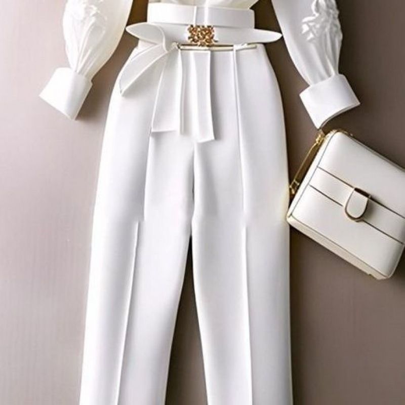 Women's clothing new capable temperament goddess style professional white shirt and pants two piece suit_voghion.com
