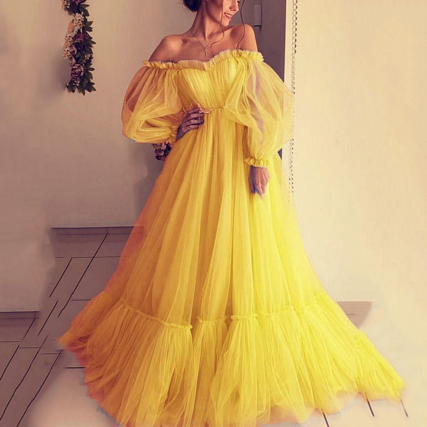 Women's line shoulder gauze long wedding dress swing dress_voghion.com