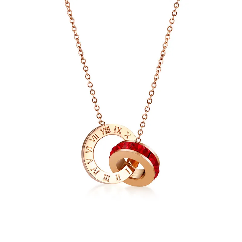 Roman Numeral Interlocking Ring Pendant Necklace In Rose Gold_voghion.com