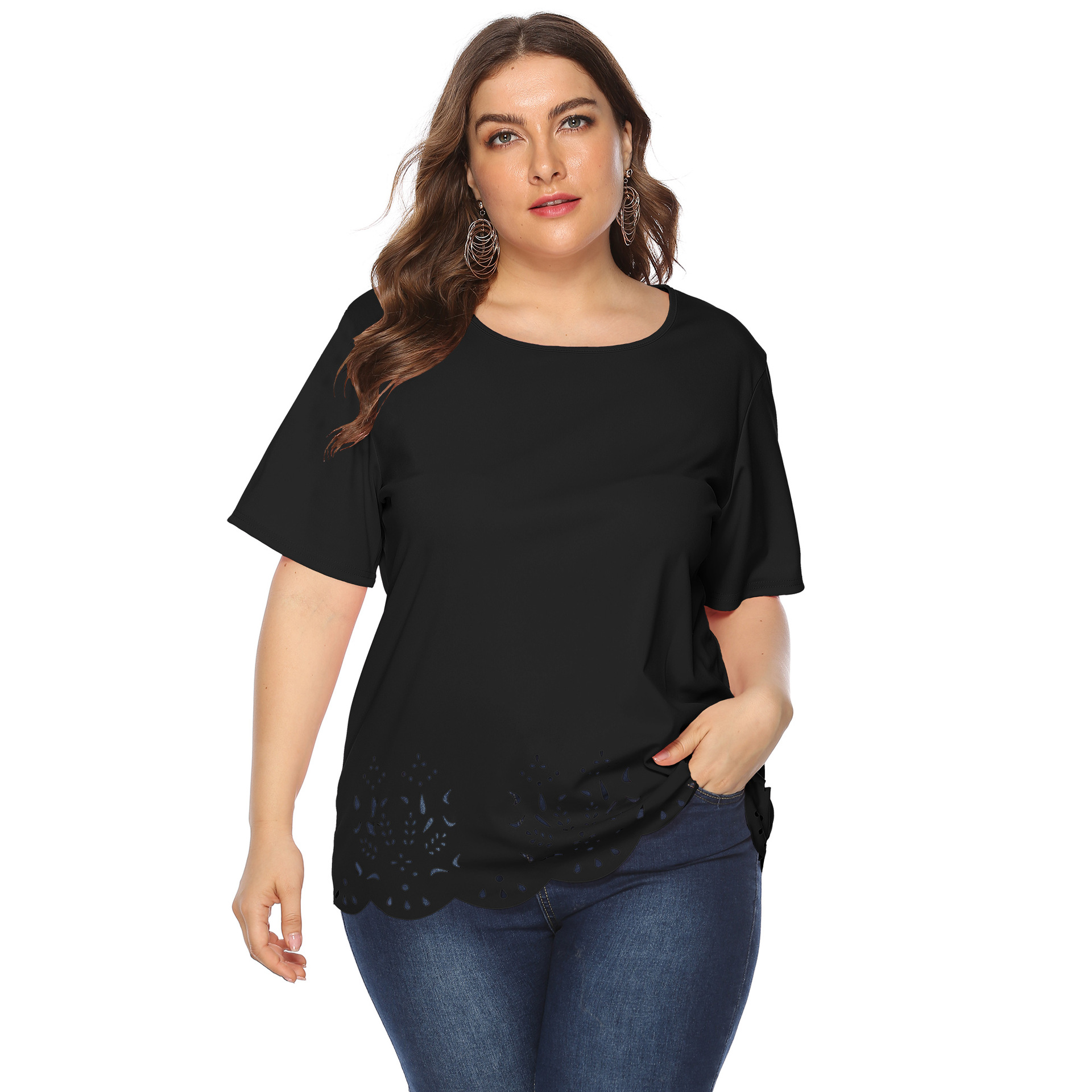 Women's tops large size women's clothing solid color burnt flower hollow wave edge casual short-sleeved T-shirt_voghion.com