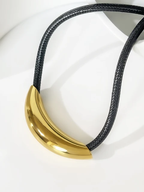 Fashion Peri'sbox Gratis plettet forgyldt rør choker halskæde til kvinder Punk rustfrit stål sort læder reb mode krave_voghion.com