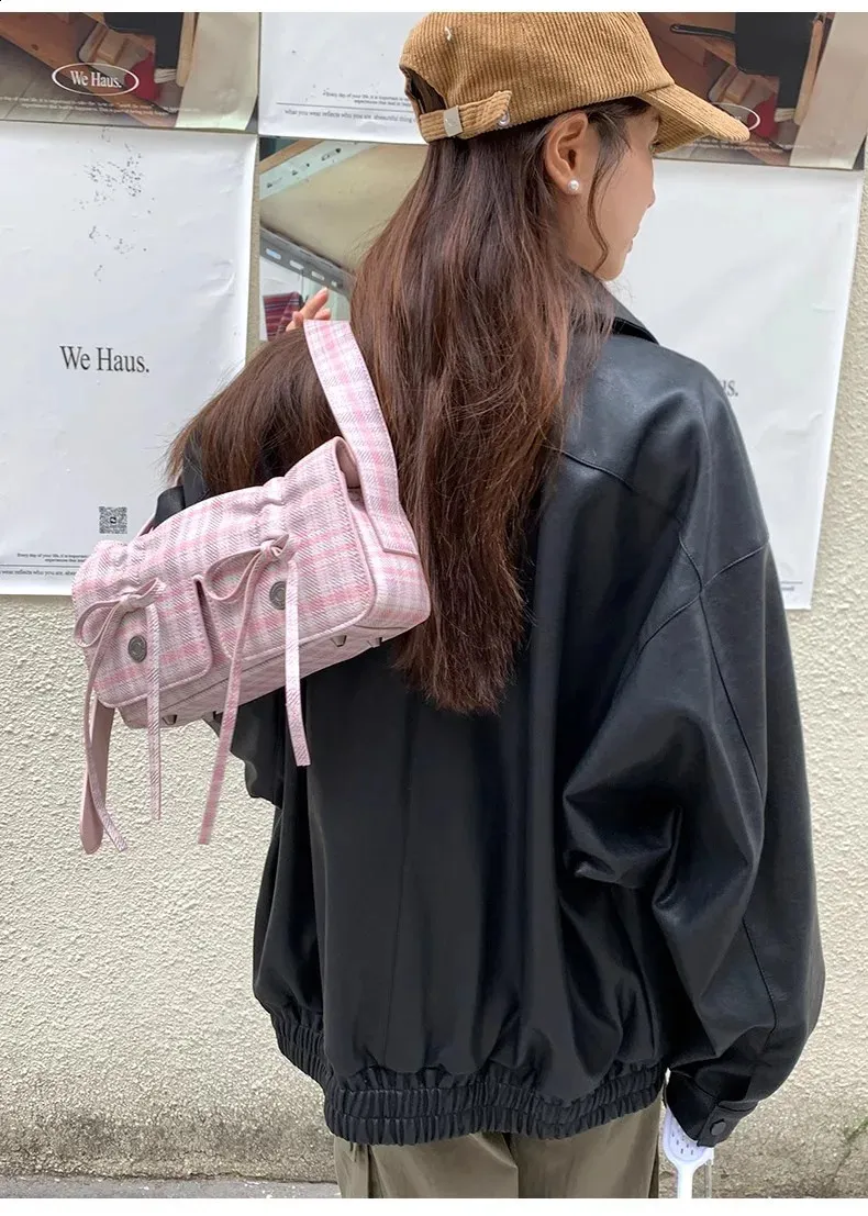 MBTI Plaid Pink Damen Schultertasche Plissee Lässig Süße Niedliche Mode Lederhandtasche Literarische Exquisite Achseltasche 240827_voghion.com