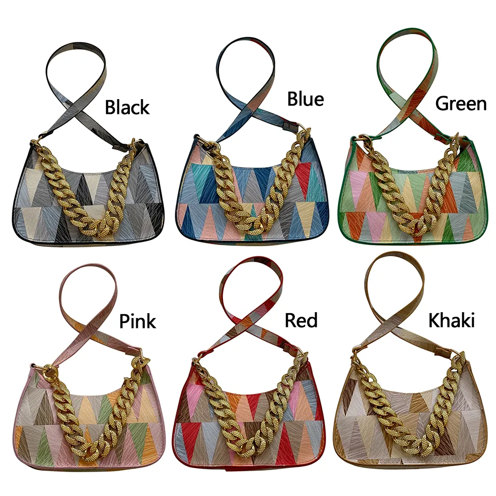 Borsa a tracolla da donna in pelle PU con tracolla spessa, stampa triangolare colorata, elegante e alla moda per i viaggi._voghion.com