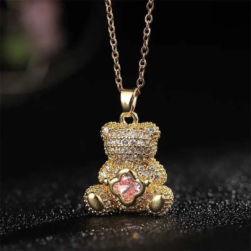 Exquisite Multi-colour Bear Pendant Necklace Clover Stainless Steel_voghion.com