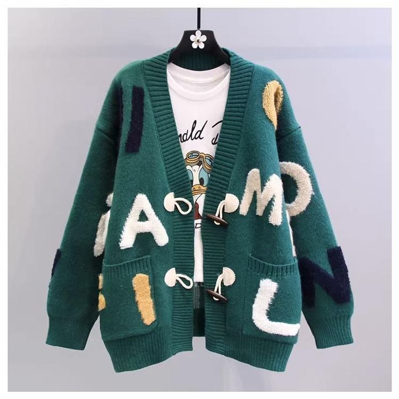 Women's Clothing Fat mm stylish horn button letter sweater jacket for women autumn and winter new large size loose lazy_voghion.com
