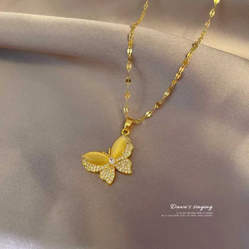 Collane con ciondolo in cristallo CZ giallo, a forma di farfalla, girocollo, in zirconia, in acciaio inossidabile, gioielli da donna, regali di nozze per_voghion.com