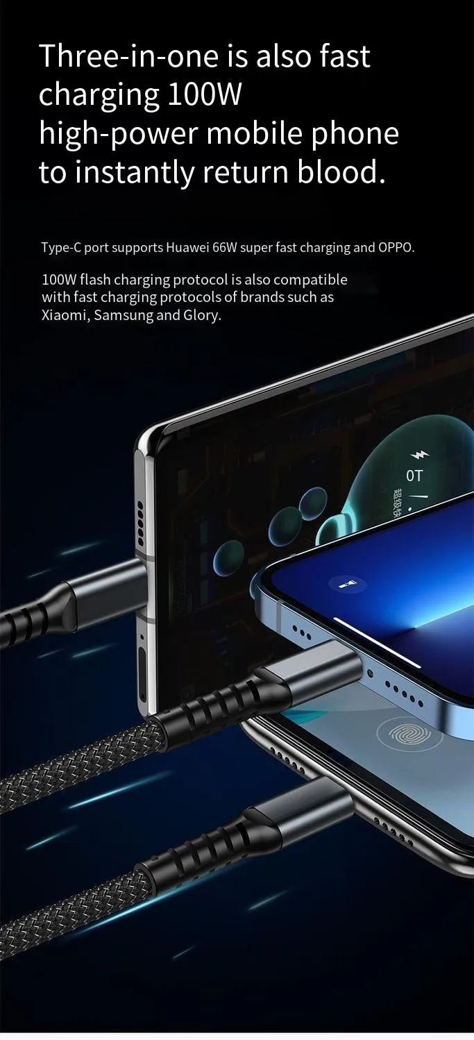 100W Transparent Digital Display Multi-device Super-fast Mobile Phone Data - Three-in-one Charging Cable_voghion.com