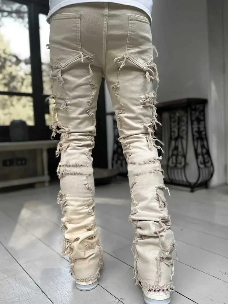 Mens Streetwear Ripped Jeans Fashionable Cool Stretch Pink Stacked Edge Denim Mens Y2K Punk Patch Work Hip-hop Pants_mkmklike.com