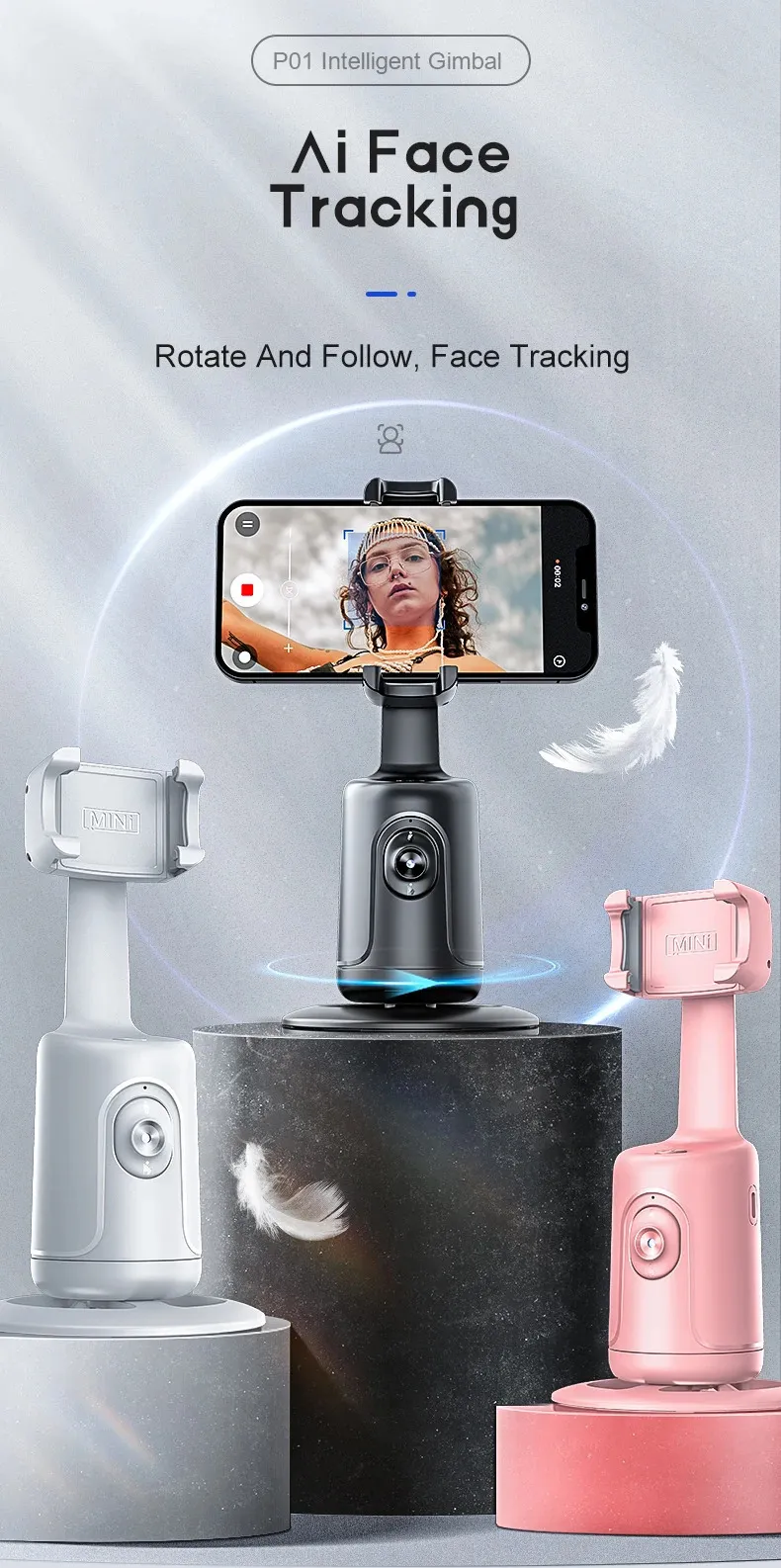 Selfieshow P01 Stabilisateur portatif universel à rotation automatique à 360° pour smartphone, vidéo en temps réel_voghion.com