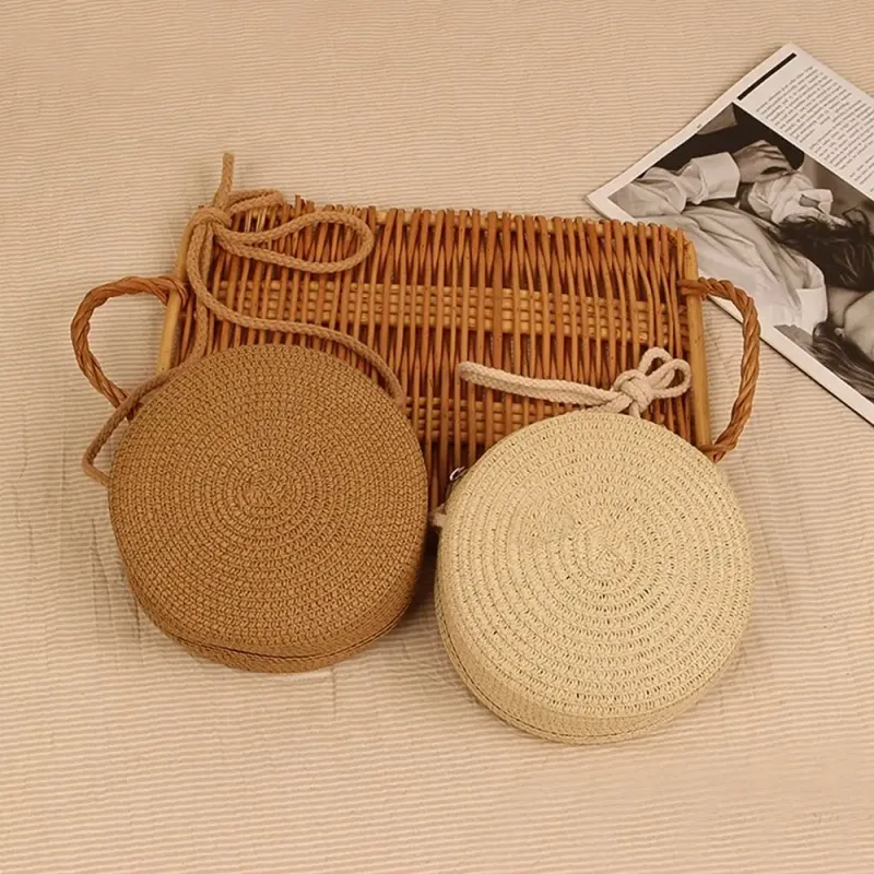 Runde Umhängetasche Stroh für Damen, gewebte Strandtasche aus Rattan, handgefertigt, gestrickt, kleine Handtasche in_voghion.com