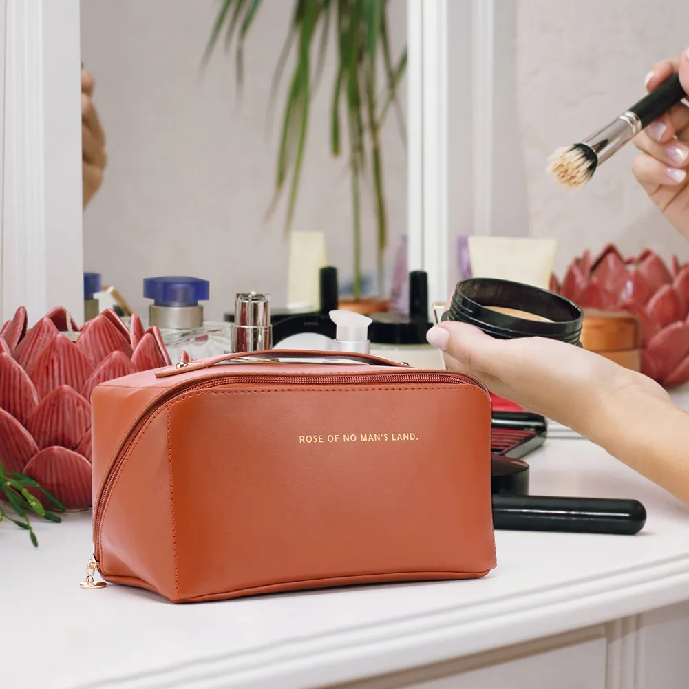 Trousse de maquillage en cuir pour femmes, grande capacité, organiseur de rangement pour pinceaux, idéal pour les voyages._voghion.com