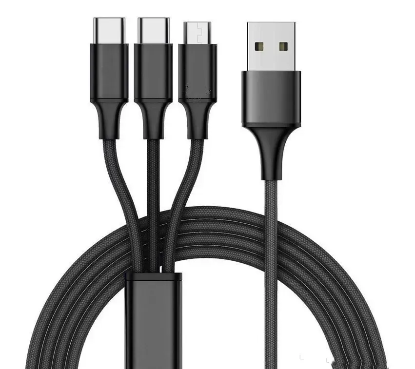 1 Meters 2m 3-in-1 Data Copper Core Nylon Braided Anti-stretch Multi-port Android V8 Type C 2a Fast Charge Mobile Phone_voghion.com