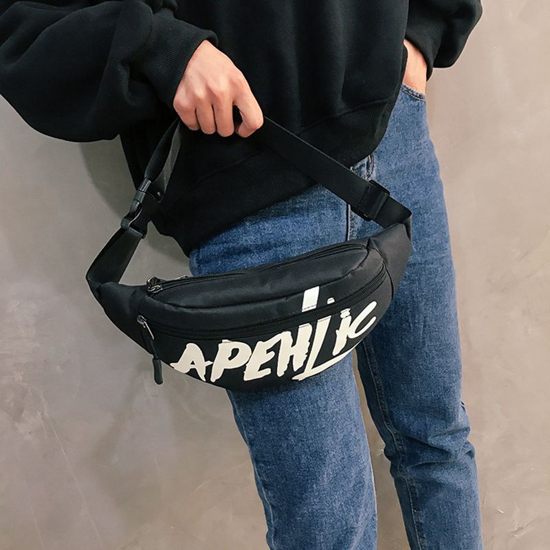 Riñonera con cremallera para mujer, estilo deportivo al aire libre, con letras de calle, color negro_voghion.com
