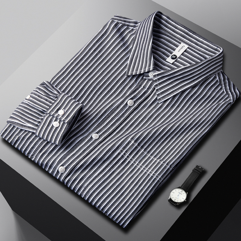 Striped long sleeved youth light business trend casual combed pure cotton collar with a base for men's shirt_voghion.com