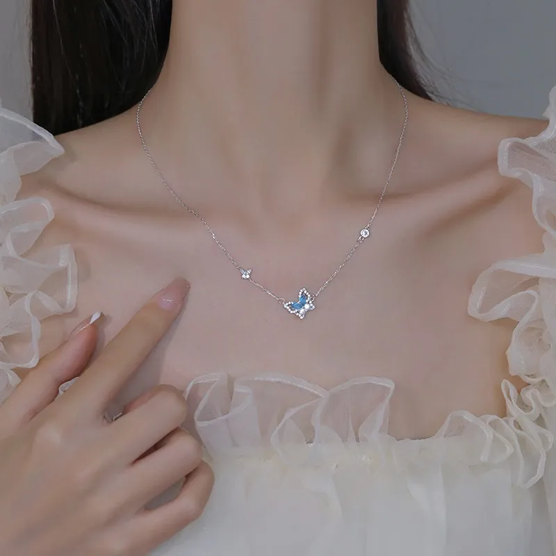 Chaînes en argent sterling avec pendentif papillon brillant pour fille douce, bijoux élégants à la mode, chaîne de clavicule pour femmes_voghion.com