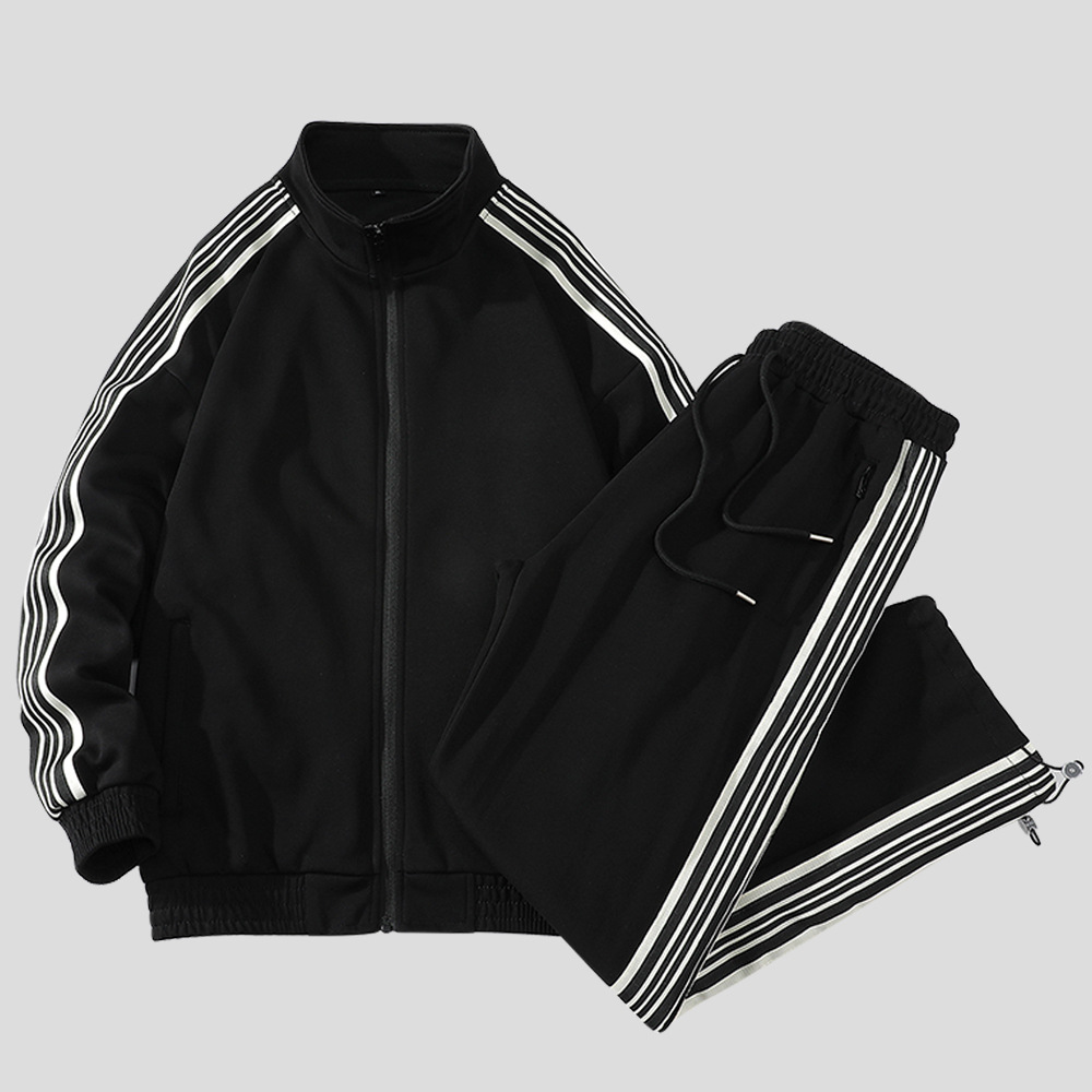 Men's Clothing Sports Suits Spring And Autumn Stand Up Collar Jacket Loose Trousers Three Stripe Two Piece Suits_voghion.com