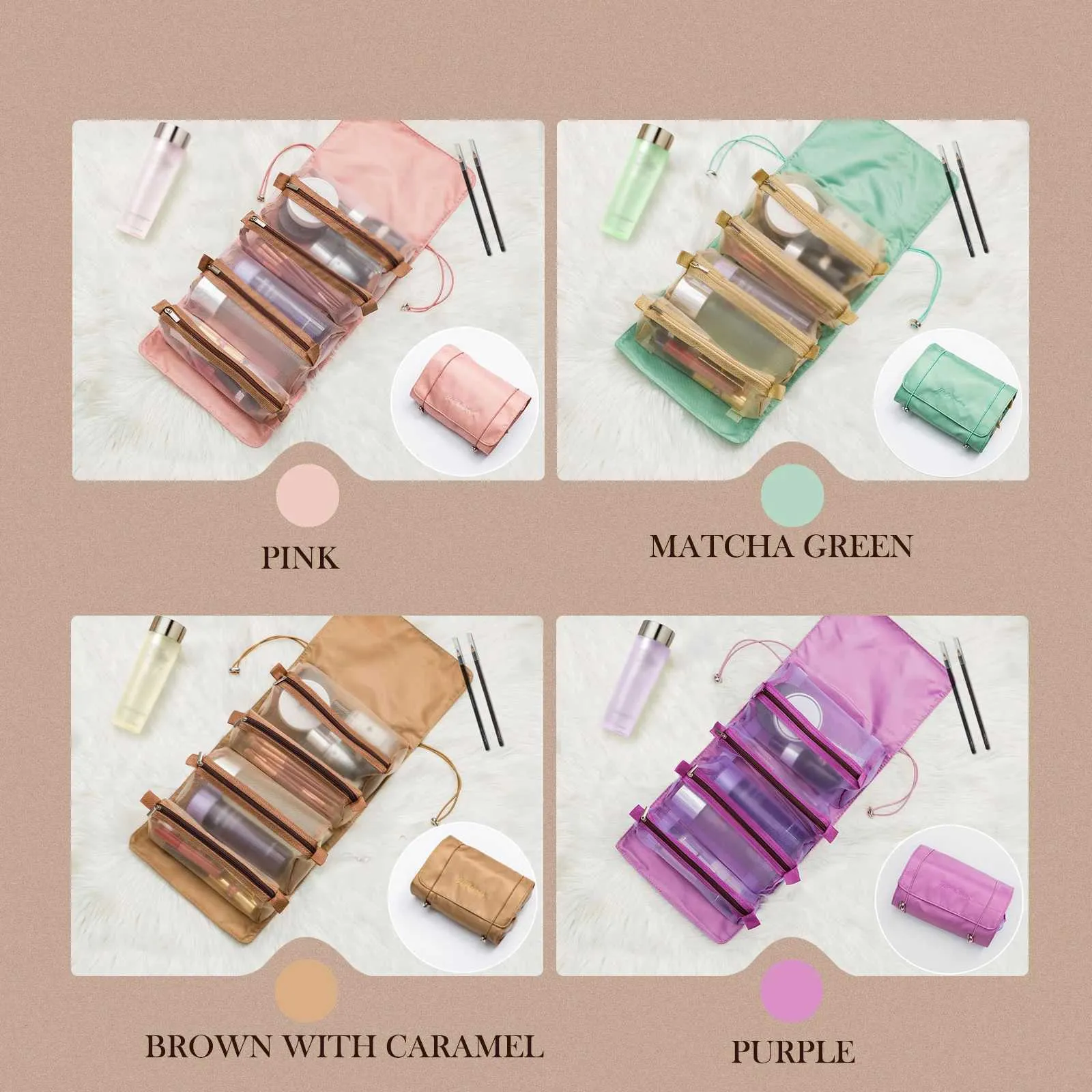 Borsa porta pennelli da trucco pieghevole in nylon con cerniera 4 in 1, indipendente da donna, Y241023_voghion.com