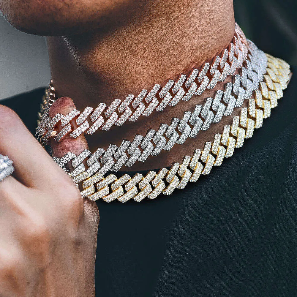 Schmuck Herren vergoldet 14 mm mit 2-reihigen CZ-Diamanten kubanische Gliederkette Halskette Designer Frauen Hip Hop Rapper Prong Choker_voghion.com