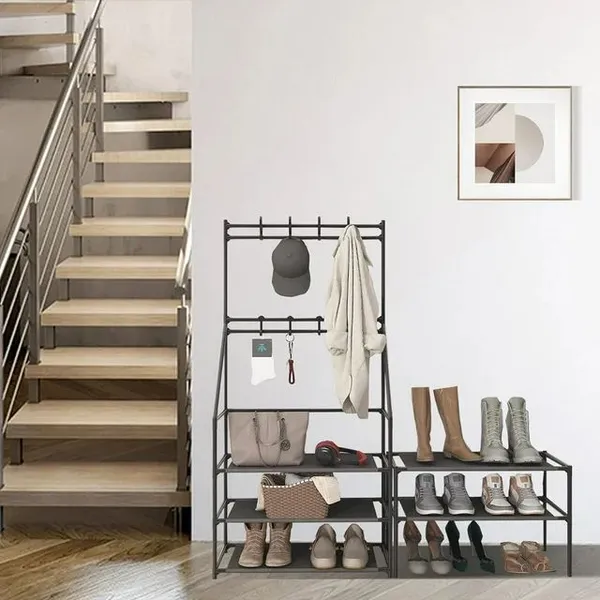 5-Tier Shoe Rack Shoe Storage For Entryway,Narrow Shoe Rack,Coat And Shoe Rack With 8 Hooks_voghion.com