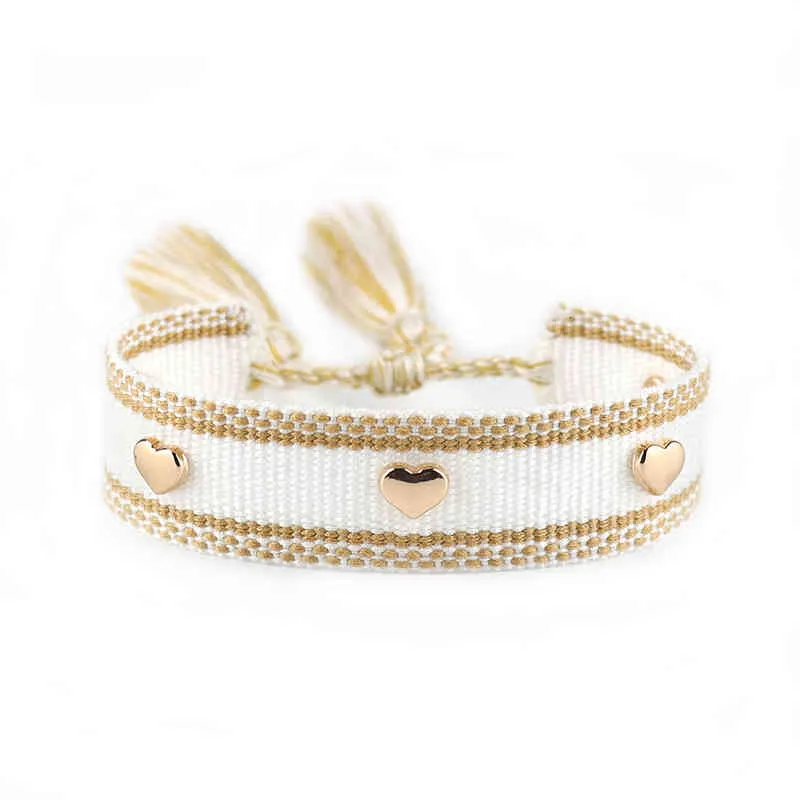 Pulsera tejida con borlas para mujer, estilo bohemio, con corazón dorado, regalo de joyería al por mayor, 2022_voghion.com