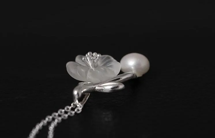 Anheng Halskjeder Ekte Sterling Sier Håndlagde Designer Fine Smykker Hvit Naturlig Perle Delikat Plommeblomst Blomst_voghion.com