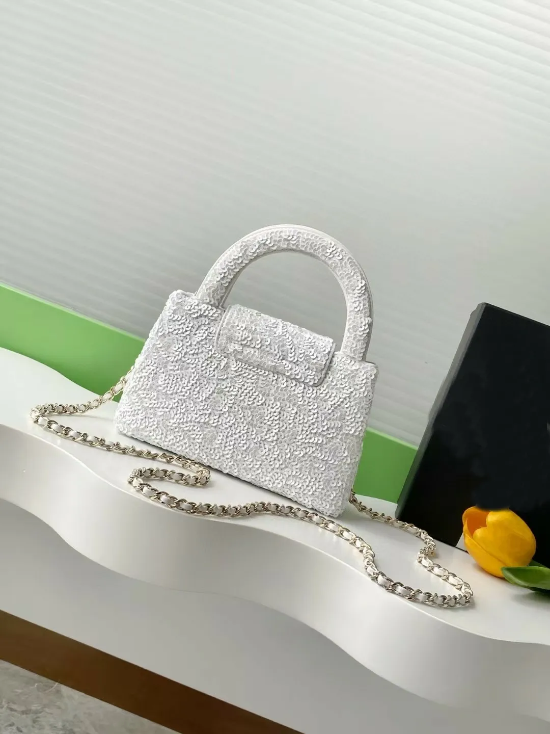 Elegant Pure White Sequin Evening With Calf Leather Lining And Sier Hardware, Designer Shoulder Bag For Women_voghion.com