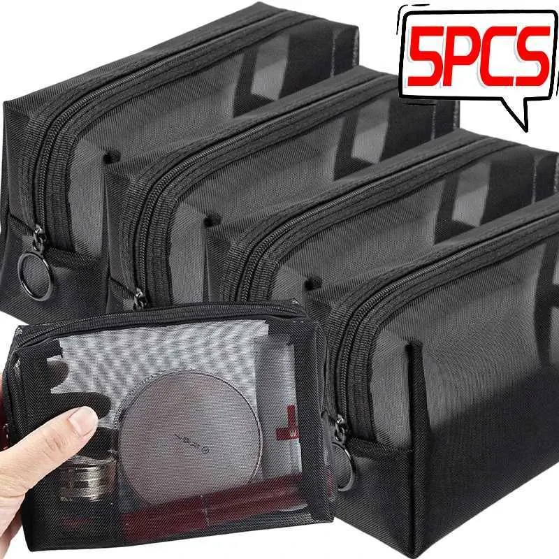5/1 piece of mesh transparent small black cosmetic portable travel toilet organizer mouth red storage bag Y241023_voghion.com