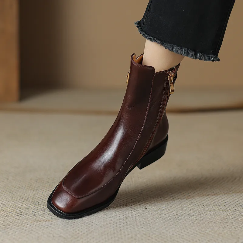 2024 New Autumn Square Toe Low Heel Women Shoes Genuine Brown Ankle Block Retro Leather Boots 3d39_voghion.com