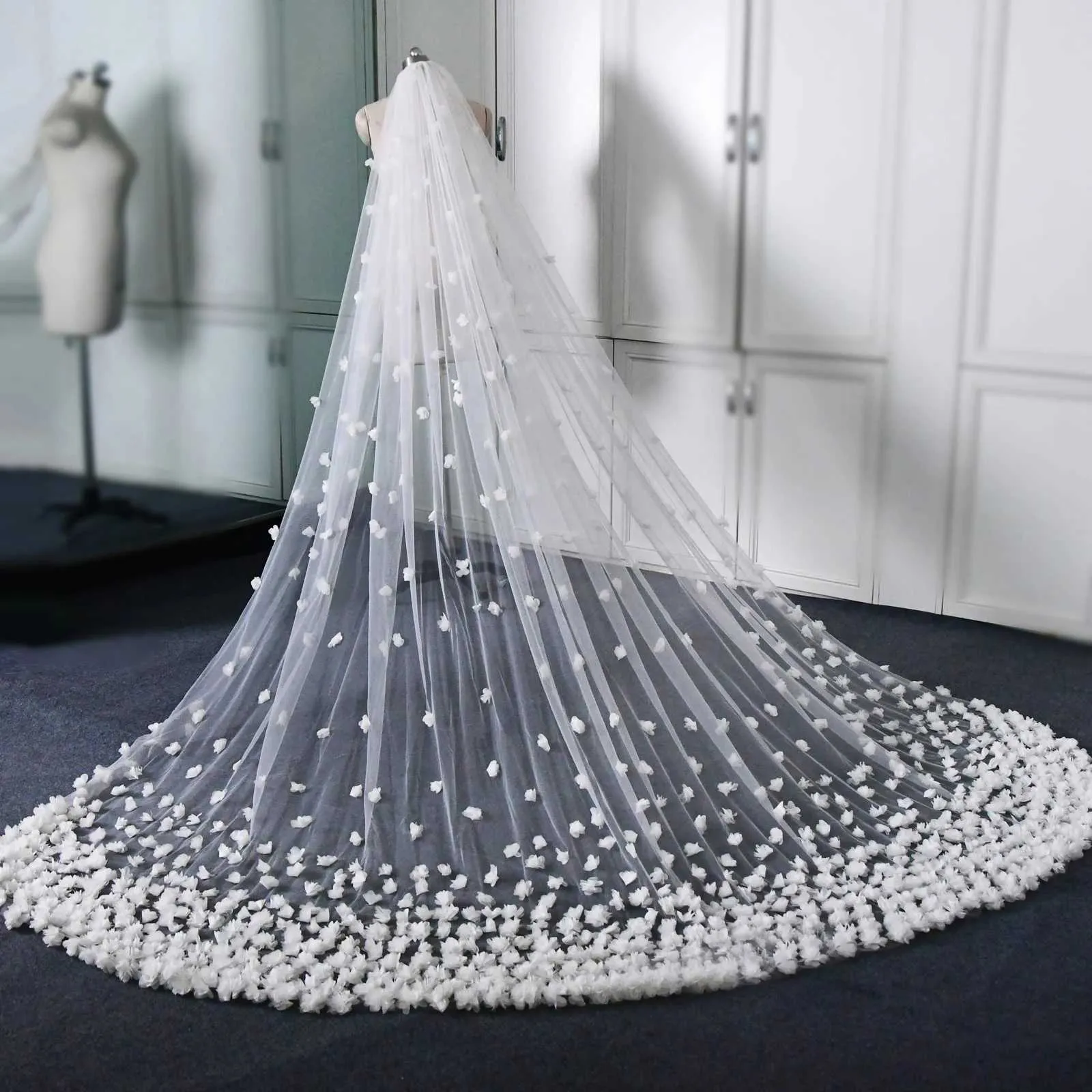 Hair Jewelry 3D Flowers Bridal Long Cathedral 1 Layer Soft Wide Veil With Comb Wedding Accessories For Bride V93_voghion.com