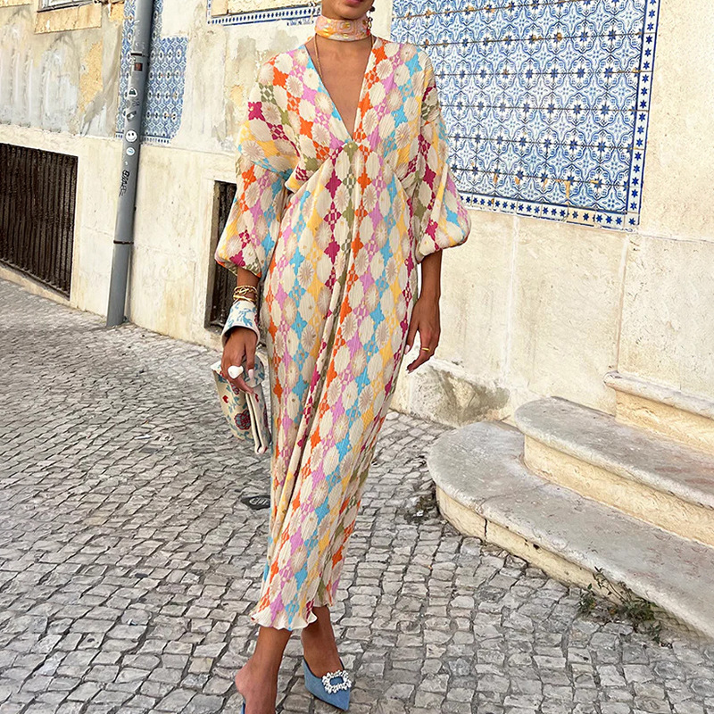 Women's Elegant Printed Midi Dress Elegant V Neck Lantern Half Sleeve Dress Women