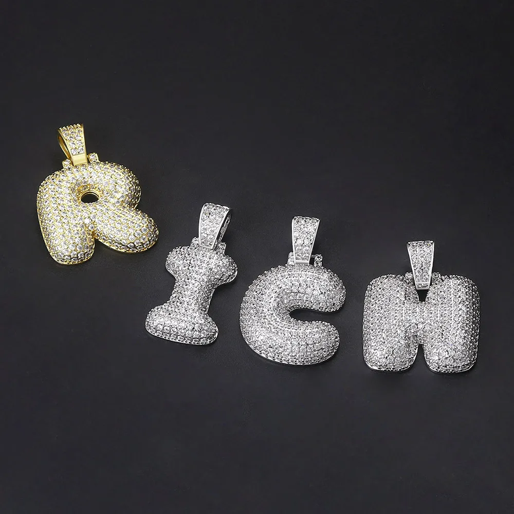 Anhänger Halsketten HipHop Bubble 26 Buchstaben Alphabet Name Initialen Iced Out CZ Halskette Edelstahlkette Rapper Punk_voghion.com