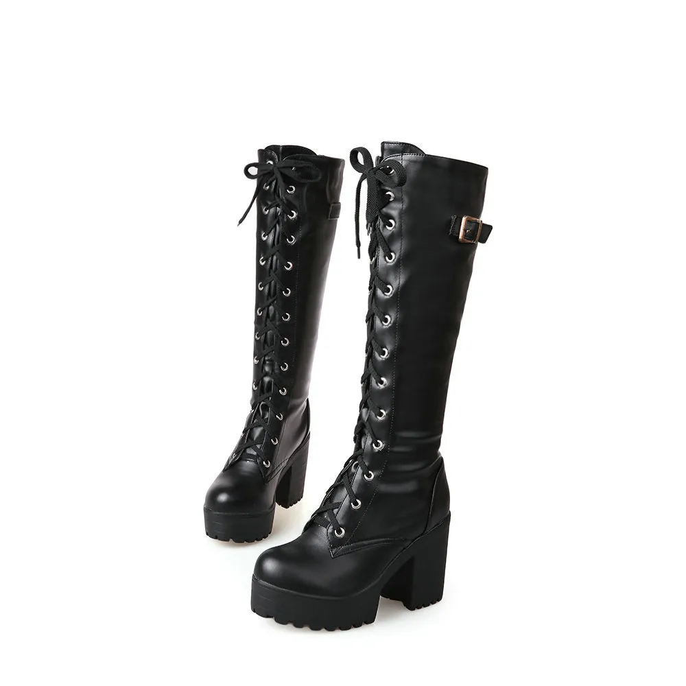 Foreign Trade Martin British Style Thin Leg Waterproof Platform Retro Thick High Heel Boots Women's Large Size Shoes_voghion.com