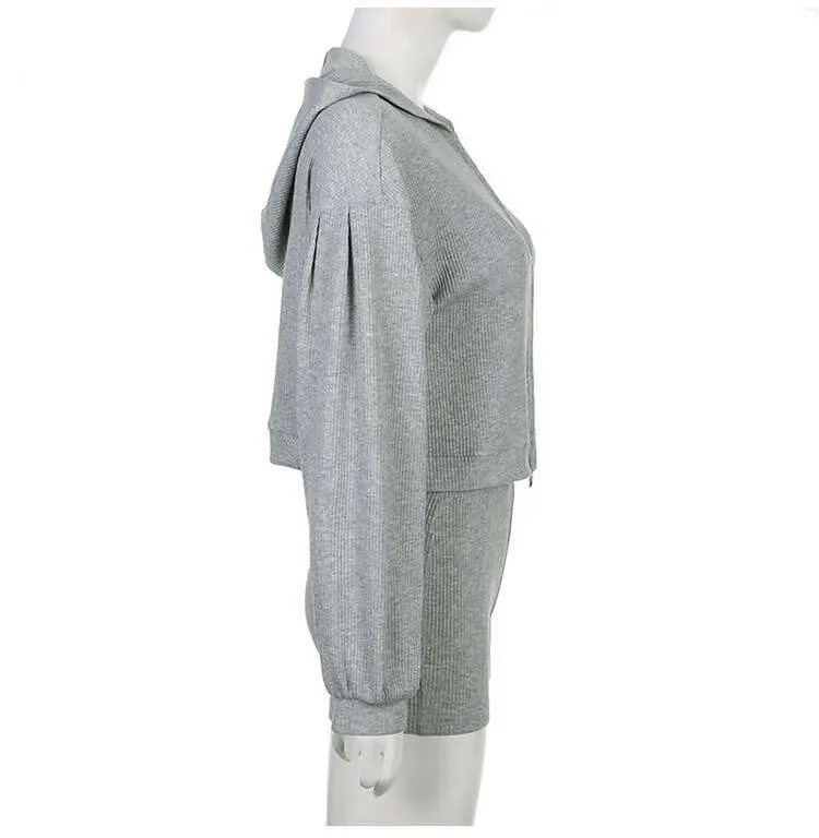 ALL121 Yoga Topp Sweatshorts Hettegenser Tre stk sett Dame Sport Dress Strikket Glidelås Hette Cardigan Sweatshirt Vneck_voghion.com