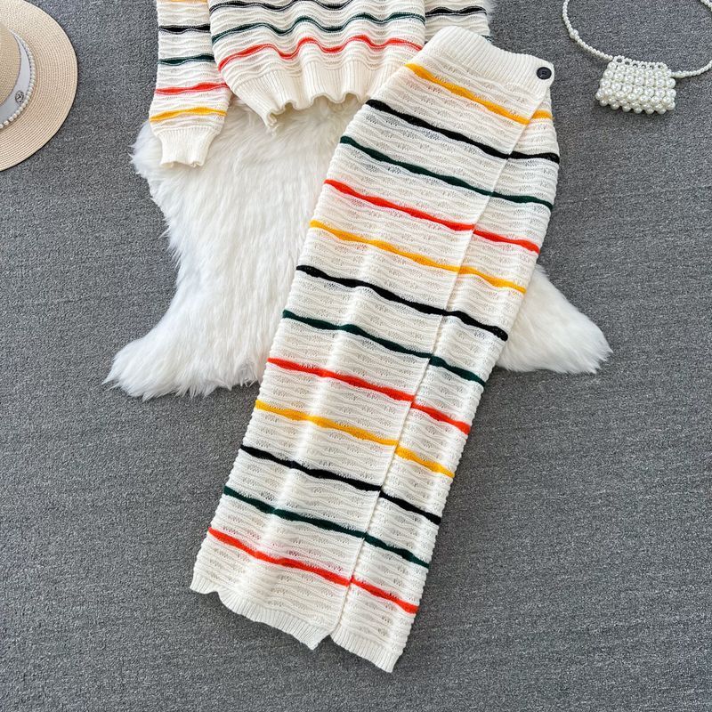 Women's fashion color contrast knit suit ice cream striped top slimming slit skirt_voghion.com