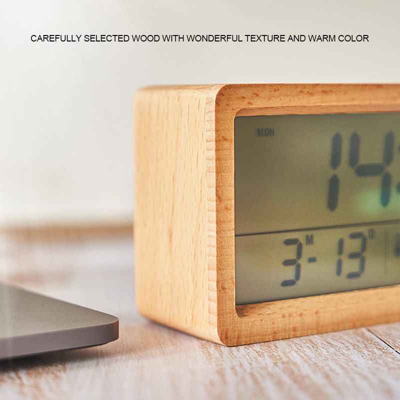 Sveglia digitale a LED in legno multifunzionale con grande schermo, data, temperatura, umidità, retroilluminazione, snooze 12/24 ore, orologio da tavolo_voghion.com