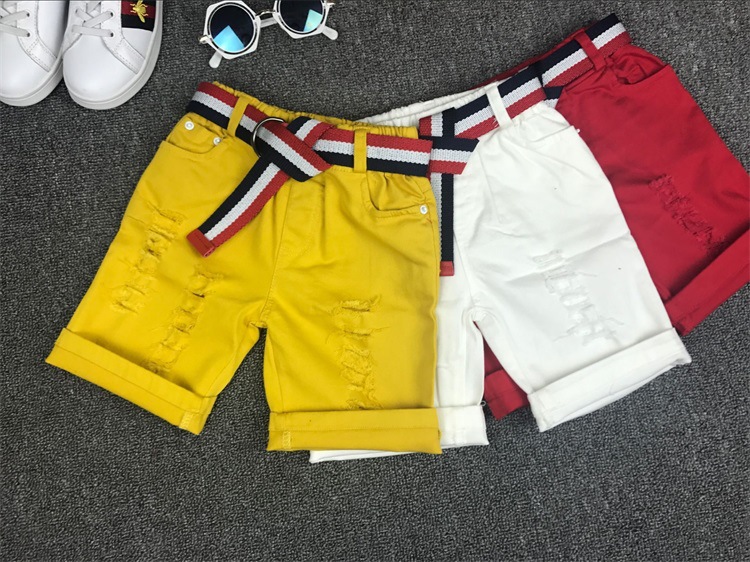 Mother&Kids Children's red, white and yellow shorts with belt 5 minutes shorts with stretch ripped pants_voghion.com