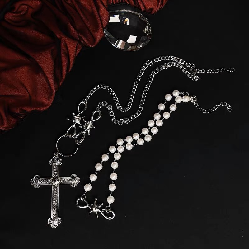 Unisex Gothic retro punk cross pearl necklace_voghion.com