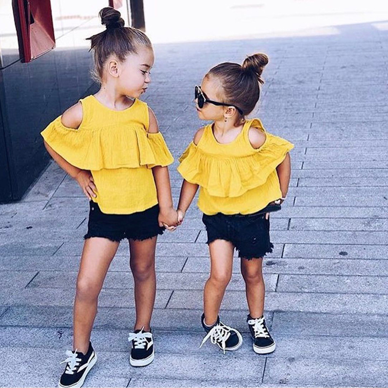 Mamma e bambini Abbigliamento per bambini consegna di un pezzo per ragazze vestito top per bambini con spalle scoperte + pantaloncini vestito a due pezzi abbigliamento per bambini alla moda_voghion.com