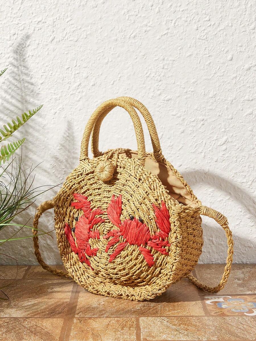 Summer Beach Straw Bag Embroidered Round Handbag For Vacation_voghion.com