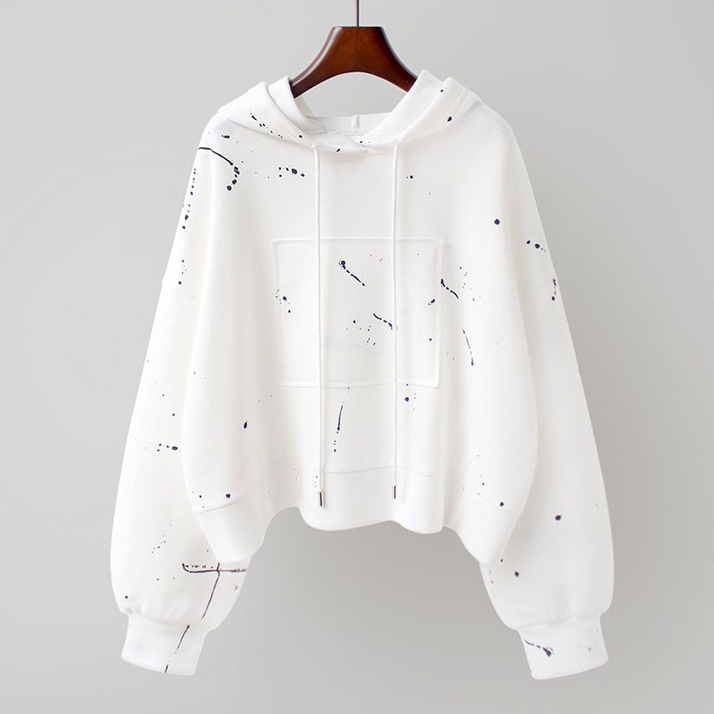Women's Clothing autumn new hooded long sleeved sweatshirt for women Korean style short loose fashion irregular printed pullover top
