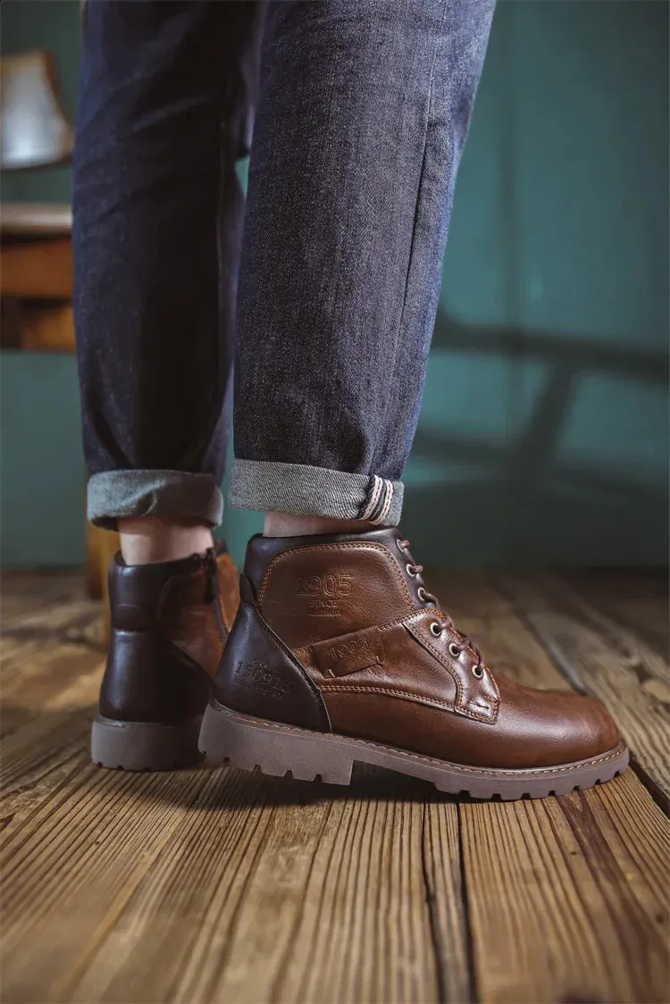 Bottines de travail en cuir marron pour homme, faites à la main, pour l'automne et l'hiver, style vintage, en tendon de bœuf, 240830_voghion.com