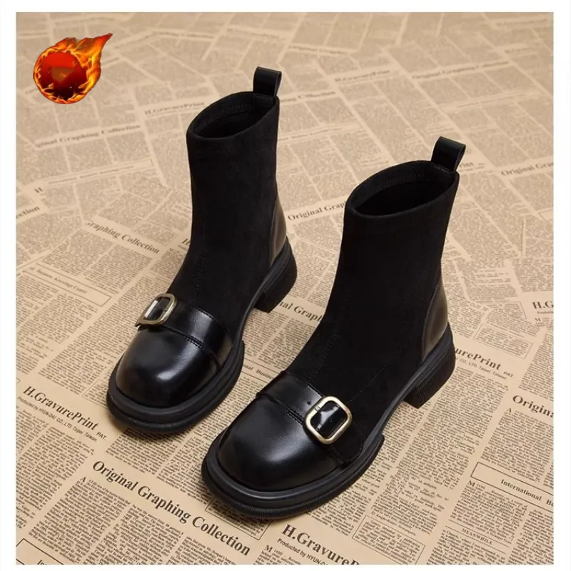 Botas cortas de plataforma con cordones y punta redonda para mujer, zapatos de caballero de diseñador, para invierno, 2024_voghion.com